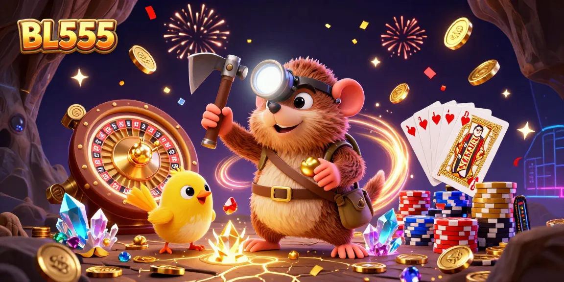 Experience thrilling wins at BL555 with a treasure hunter mole amidst dazzling games and casino excitement.