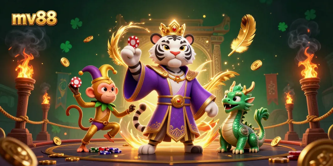 Experience thrilling gameplay at mv88 with a lively scene featuring a playful monkey juggling poker chips among dynamic casino elements.