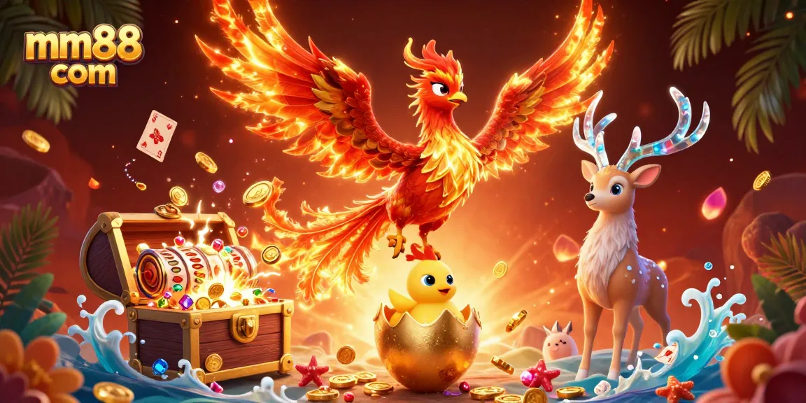 Engage with thrilling casino vibes at mm88 com, showcasing vibrant elements of slots and a soaring phoenix.