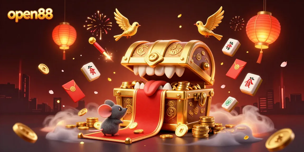 Play and win at open88 with vibrant 3D casino illustration of treasure and luck-filled elements.