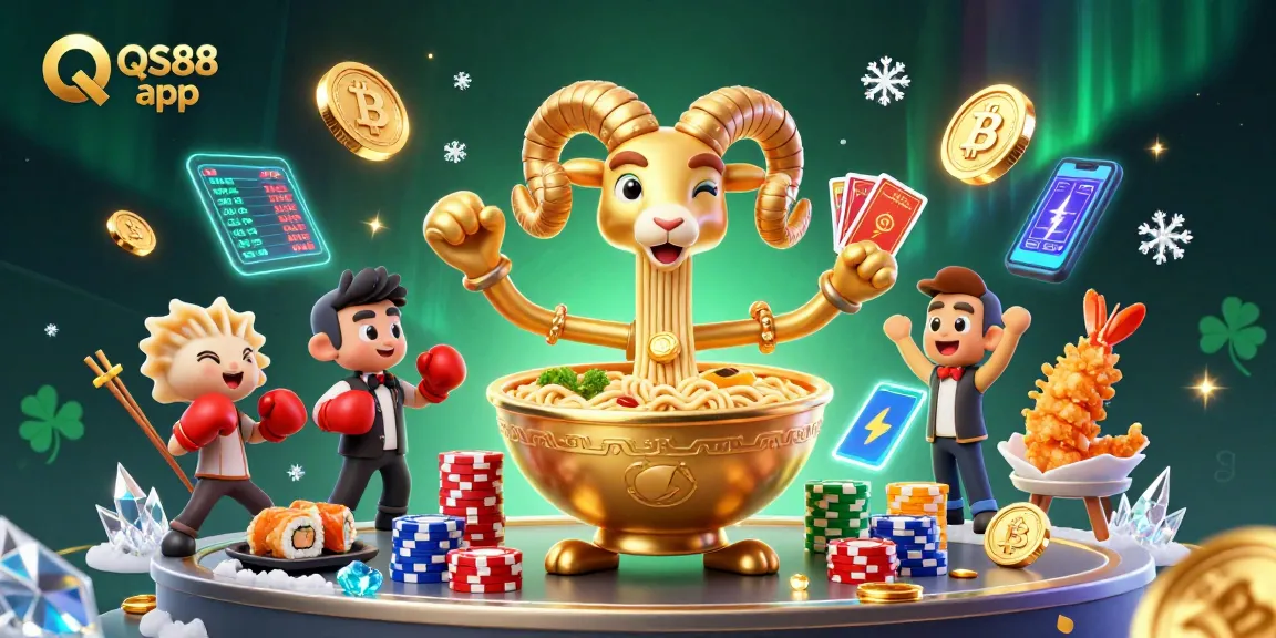 Play and win with the QS88 app in this vibrant casino-themed illustration.