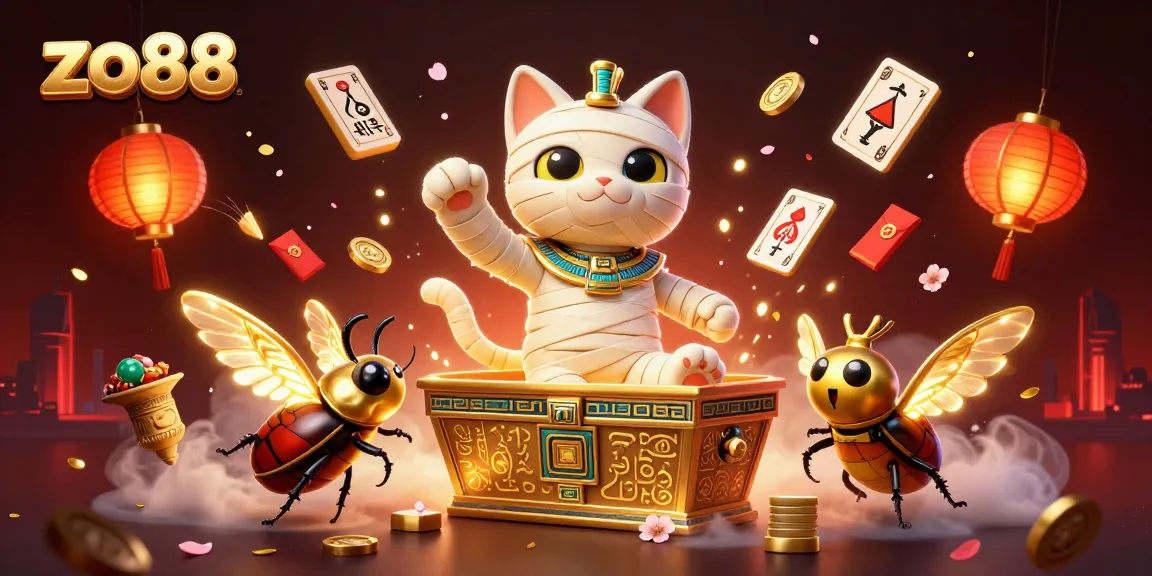 Experience the thrill of gaming at zo88 with an Egyptian mummy cat and vibrant casino elements.